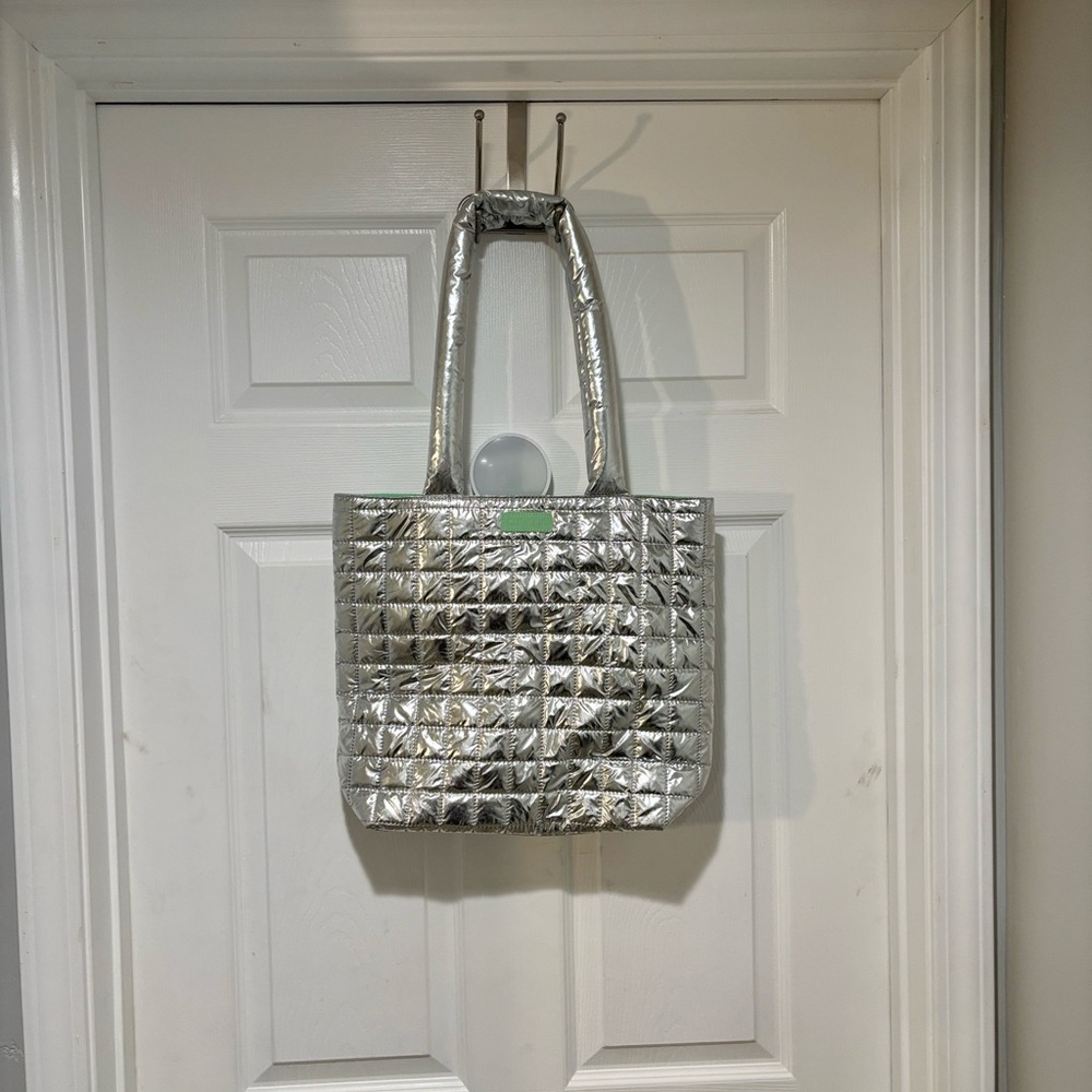 CLINIQUE Metallic Silver Quilted Puffer Tote Bag